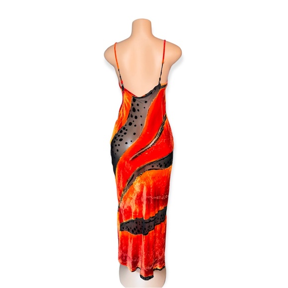 RARE Lindsey Thornburg Orange Burn Out Dress w/ See Through Black Mesh size 4 - Picture 3 of 8
